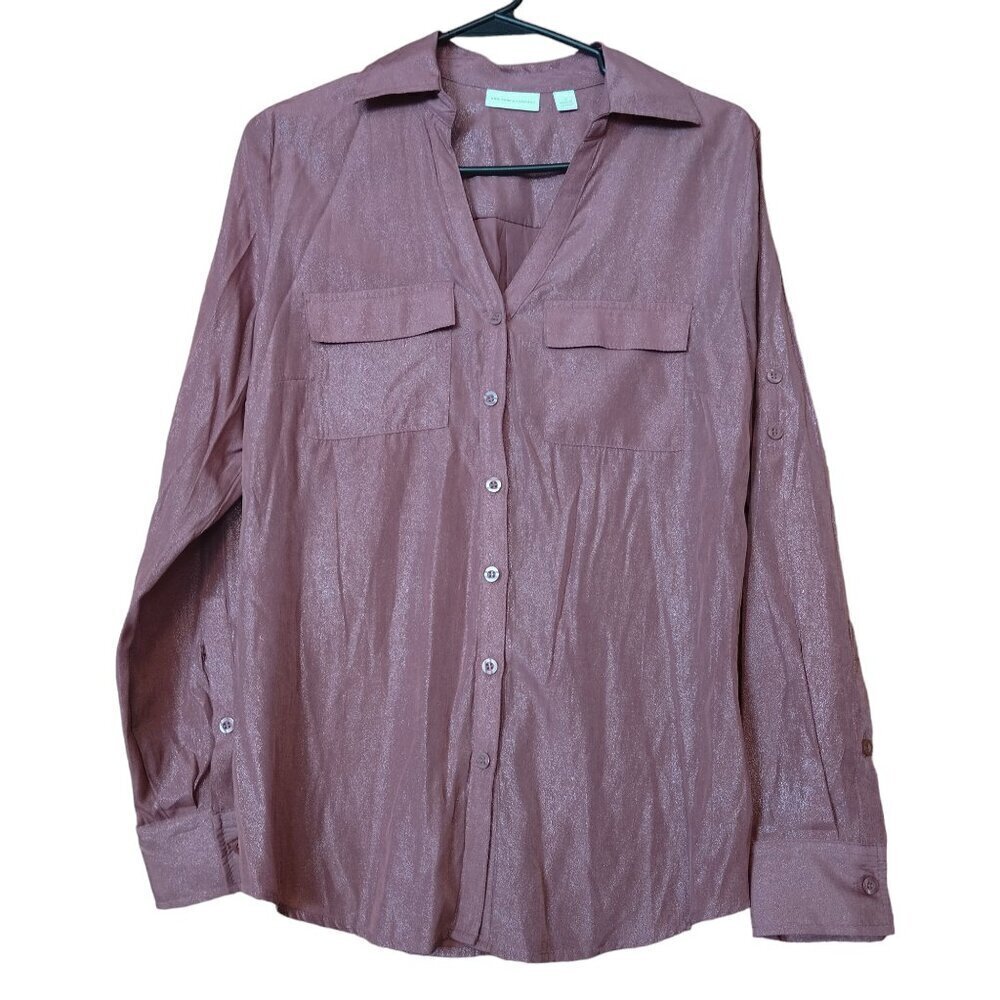 New York & Company Size Small Roll Tab Sleeve Pink Shimmery Button Up Shirt